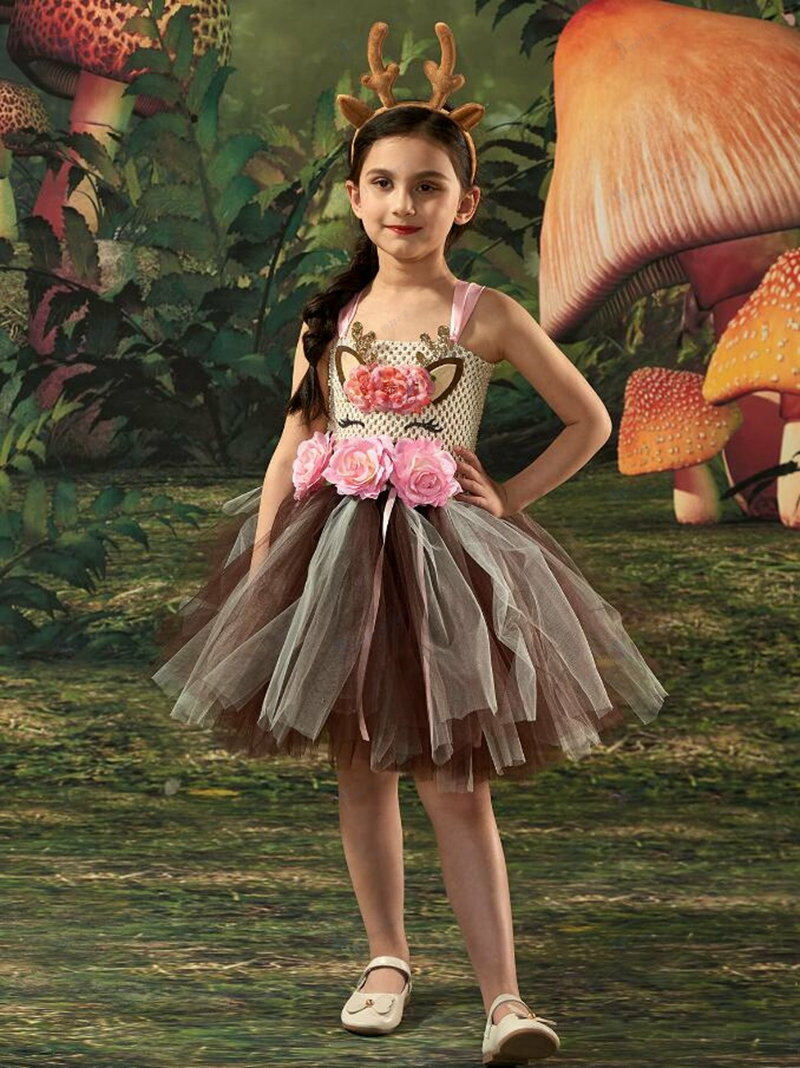 子供クリスマスコスプレワンピース　子供衣装動物変身鹿コスプレワンピース　花びら女の子チュールスカ..