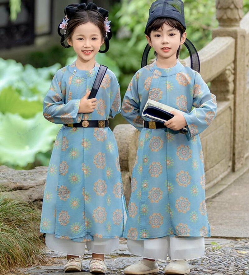 子供宋朝漢服セット　ワンピース+ガウチョパンツ2点セット　男女兼用中華風女の子/男の子古典ダンスウ..