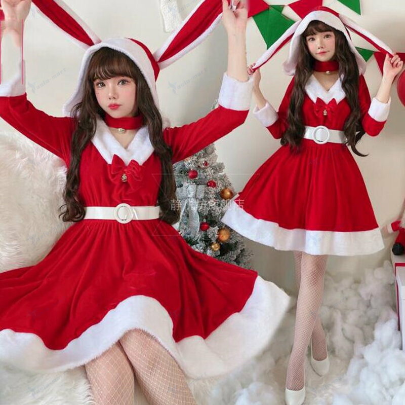 サンタコスプレ クリスマス　Vネック　　レディース　兎耳フード付きワンピース　Aライン　4点セットア..