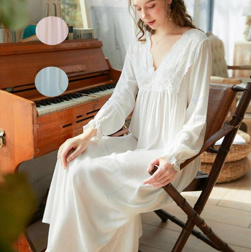 ネグリジェ ロング丈パジャマ レディース　Vネックお姫様系パジャマ　ロマンチック　春夏　かわいい ルームウエア 部屋着 寝間着 レースナイトウェア かぶり　婦人 女性 母 妻 誕生日 プレゼント 母の日 実用的 ギフト