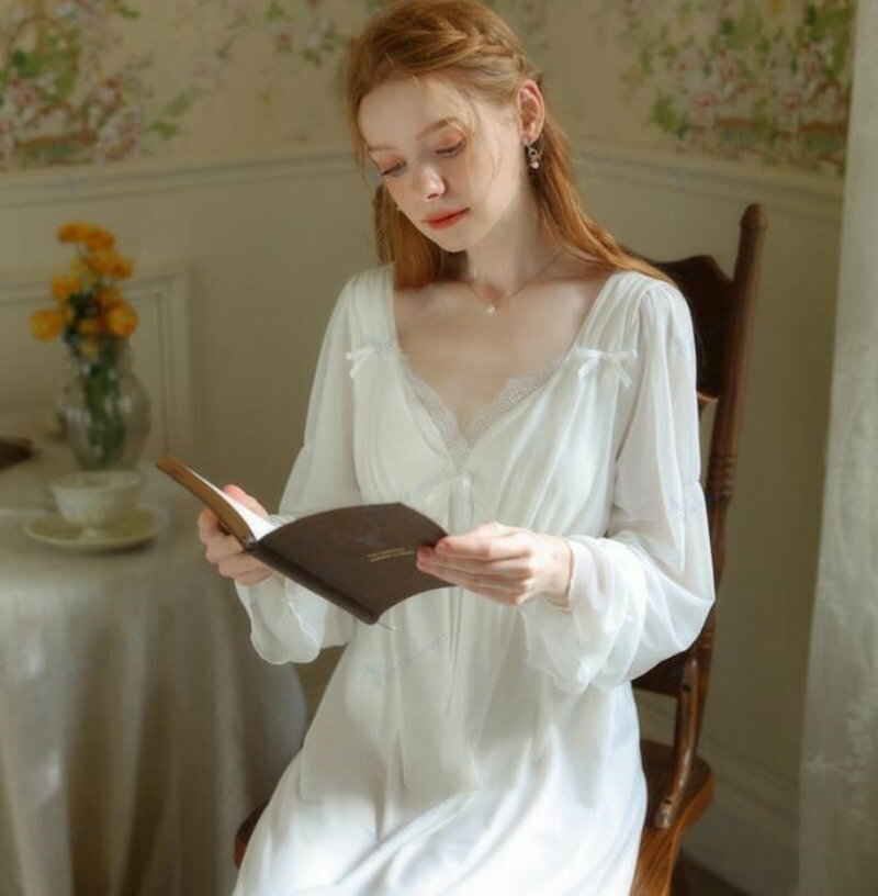 ネグリジェ ロング丈パジャマ レディース　お姫様系パジャマ　ロマンチックなワンピースパジャマ パットいり　Vネック 春夏　かわいい ルームウエア リボン　部屋着 寝間着 レースナイトウェア かぶり　婦人 女性 母 妻 誕生日 プレゼント 母の日 実用的 ギフト