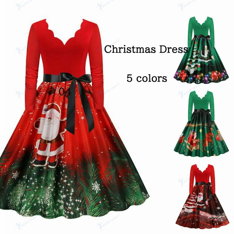 クリスマスワンピース 長袖ドレス レトロドレス　膝下丈ドレス 5色 ワンピース コスプレドレス Christmas　Dressコスプレ衣装 変身仮装 ロング丈ドレス ダンスウェア サンタ トナカイ ポインセチア　パーティードレス 舞台演出　仮装変装 大きい裾ワンピース 団体服 S-3XL