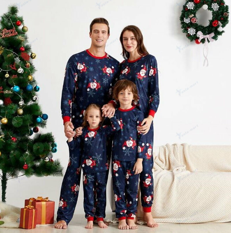 クリスマスパジャマ サンタクロース柄 雪柄 親子服 ペアパジャマ ルームウェア欧米風 親子ペアルームウェア ベビー 子供 ママ パパ 家族部屋着 長袖tシャツ+ロングパンツ