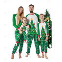 親子ペアクリスマスパジャマ クリスマスツリープリント 親子ペアルームウェア カップル ベビー ロング丈パンツ 子供 ママ パパ 家族部屋着 長袖tシャツ パジャマ上下セット