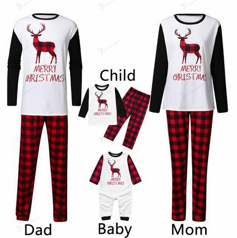 プレゼント　クリスマス親子ペアパジャマ　鹿柄プリント　チェック柄パンツ　親子ペアルームウェア　ベビー　子供　ママパパ　家族部屋着　長袖パジャマ上下セットルームウェア