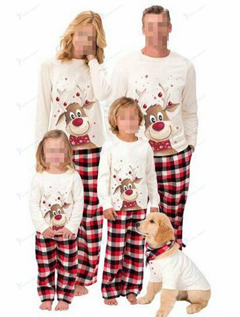 クリスマス パジャマ クリスマス鹿プリント 親子ペアルームウェア ベビー チェック柄パンツ 子供 ママ パパ 家族部屋着 長袖パジャマ上下セット 春秋tシャツ
