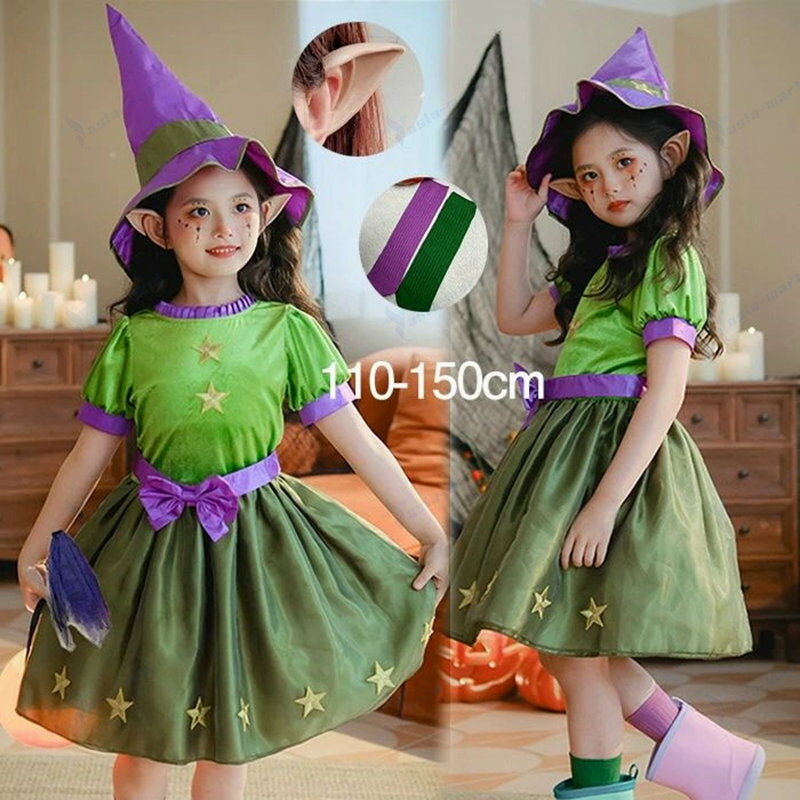 ハロウィン キッズ コスプレ コスプレ 可愛い 耳付 仮装 学園祭 ワンピース 3点セット 4点セット 衣装 グリーン 110 120 130 140 150 帽子付き 靴下変身 お姫様 パーティー 撮影 イベント