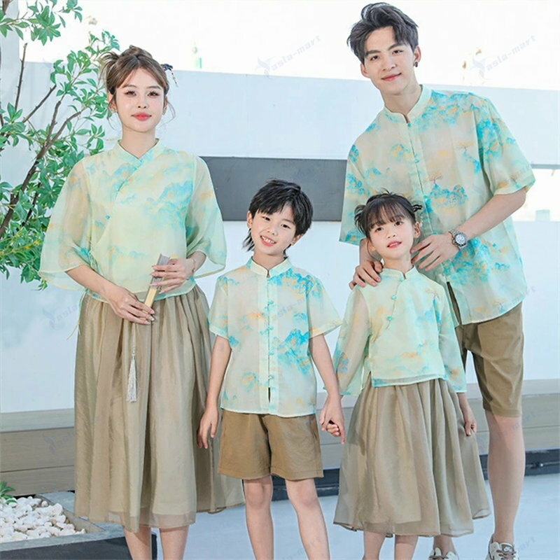 親子コーデ 親子 ペアルック 中国風 親子 ペアシャツ 2点セット 半袖 ショートパンツ セットアップ キ..