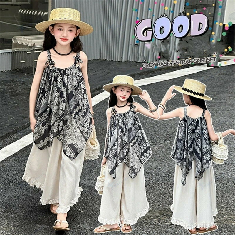 セットアップ キッズ 夏 女の子 キャミソールトップス ガウチョパンツ 韓国子供服 無地 ノースリーブ トップス 可愛い 夏服 ワイドパンツ カジュアル 上下セット チュニック ジュニア こども 女児 120 130 140 150 160 170 春夏 おしゃれ 姉妹お揃い ビーチウエア 海 旅行