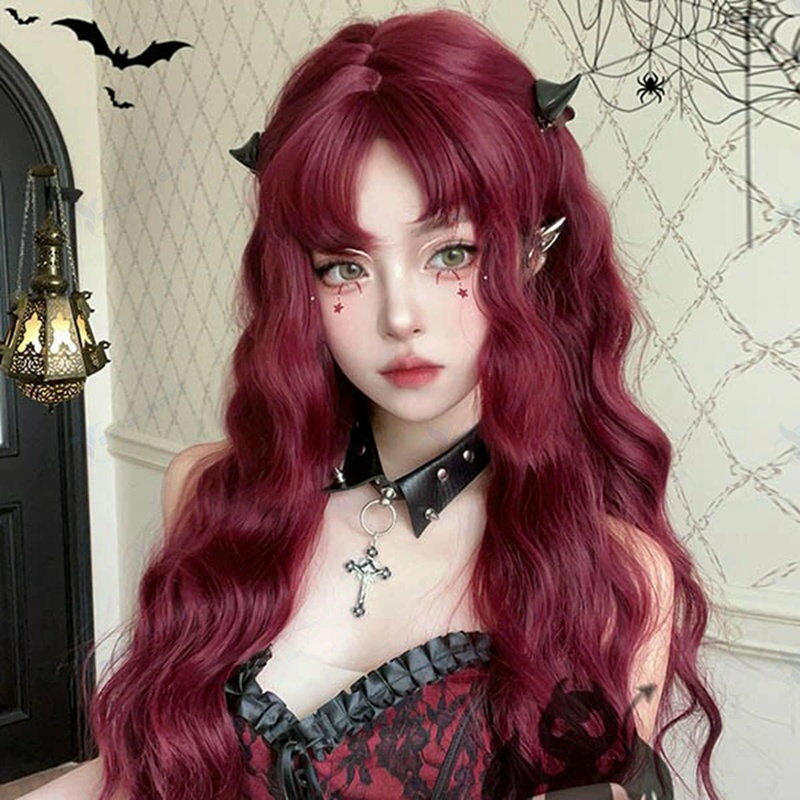 ウィッグ レディース フルウィッグ ロング 巻き髪 赤髪 ワインレッド ぱっつん前髪 前髪あり 可愛い か..
