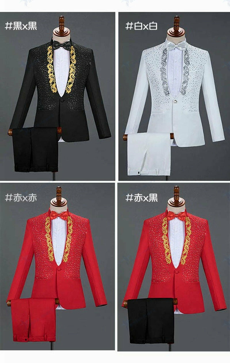 タキシード きらきら メンズ スーツ ジャケット 長ズボン 上下セット 2点セットアップ 演出服 ステージ衣装 光沢のあるジャケット スパンコール 衣装 黒白 2色選べるズボン 白 紺 紫 赤 青 スパンコール クリスマス仮装 ハロウィン衣装
