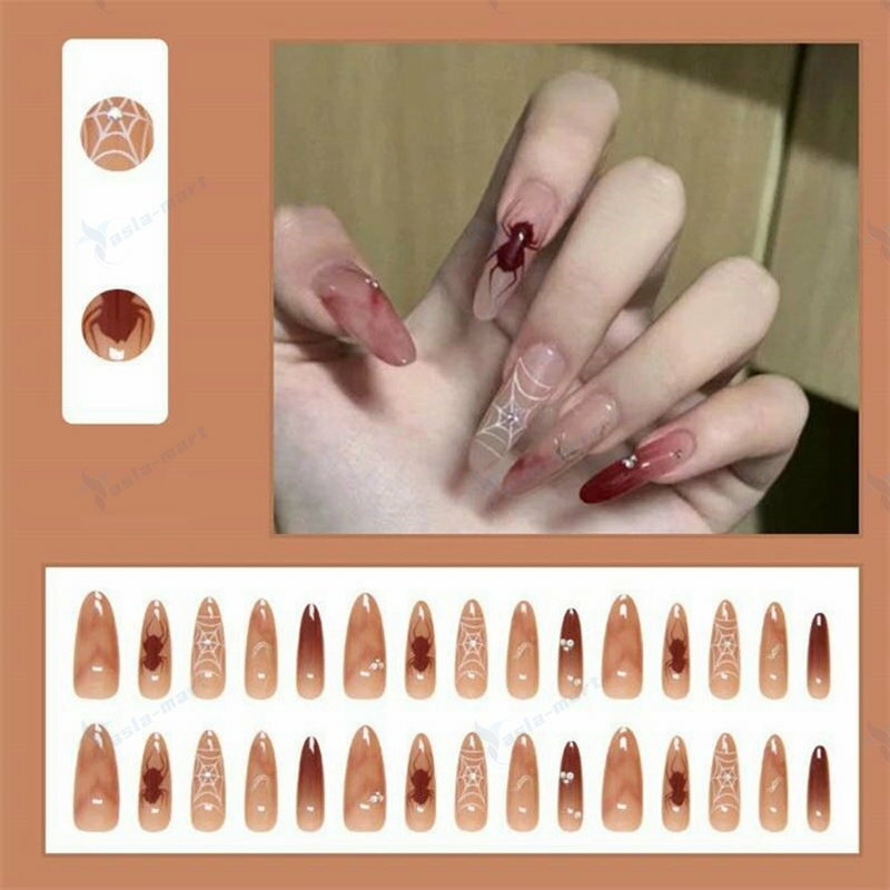 ハロウィン ネイルチップ ロング 暗赤色 蜘蛛の巣 グラデーション ストーン付き 肌映え 付け爪 取り外し可能 ジェル風 ネイルアート ホラー デザイン コスプレ 仮装 パーティー レディース 接着テープ付き 繰り返し使える 秋冬 個性派