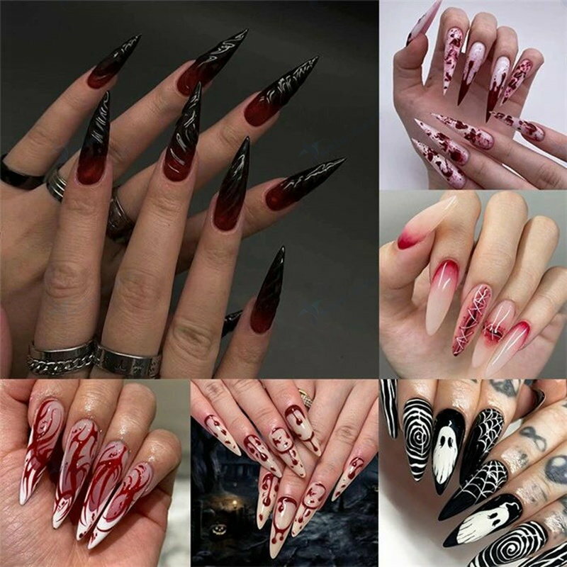 ハロウィン ネイルチップ ゴースト 蜘蛛の巣 星月 魔女帽子 血糊 傷口 カボチャ デザイン 付け爪 ジェ..
