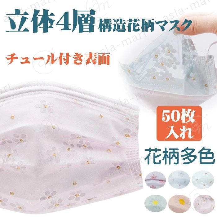 Item Information 商品名 送料無料!マスク 50枚 使い捨てマスク マスク 不織布 カラー 超快適マスク 柄 保護マスク 大人用サイズ 大人用マスク 4層構造 高密度フィルター レディース 通気性 超立体マスク 一次性防護 防塵 飛沫対策 大人用 仕様 サイズ：17.5cm×9.5cm 素材 本体フィルター部分：ポリプロピレン不織布 耳ひも：ポリエステル・ポリウレタン ノーズワイヤー：ポリエチレン カラー ブルー地白桜浅いラベンダー地白桜 浅いピンク地白桜 ホワイト地白桜 浅いブルー地白桜 浅いグリーン地ピンク桜 浅いラベンダー地ピンク桜 浅いブルー地ピンク桜 浅いピンク地ピンク桜 オレンジ地デージー ピンク地デージー グリーン地デージー ホワイト地デージー グリーン地ドット 浅いラベンダー地ドット ピンク地ドット ホワイト地ドット セット内容 マスク50枚入り 説明 立体構造で口元に空間があるので、息苦しさを軽減し口紅もつきにくく長時間装着いただけます。 4層のフィルターがほこり、風と砂、油臭、ウイルスを効果的にブロックします。 やわらかく、幅が広い不織布素材の耳かけで、長時間使用しても耳が痛くなりません。花粉、ホコリ等の侵入をブロックし、日常生活の抗菌、防臭、消臭対策にも効果を発揮します。 【製品特徴】 中国政府が認めた工場から仕入れています。 全自動機械で作られており、品質が安定で衛生的です。 耳ひもが日本有名メーカーと同じ作りで、頑丈です。 多くのホテル、福祉施設、病院、工場などでご利用頂いています。 高評価の不織布マスクです。 生産国 中国 ご注意 ※衛生商品につき未開封でも商品到着後の返品はお断りいたしておりますのでご理解のほどよろしくお願いいたします。 ※乳幼児や呼吸器に異常がある方は使用しないで下さい。 ※本品は有毒ガス、有害粉塵に対して効果はありません。 ※マスクのニオイで気分が悪くなったり、息苦しさを感じた場合は、使用を中止して下さい。 ※肌に異常がある方は、使用しないで下さい。 ※かゆみ、かぶれ等が生じた場合は直ちに使用を中止し、医師に相談して下さい。 ※火気のそばで使用しないで下さい。 ※本品は使い切りタイプですので洗っての再使用はできません。 ※衛生面から1日1枚の使用をおすすめしますが、汚れが気になる場合は取り替えて下さい。 ※マスク上部にノーズフィットがついていますので、取扱いに注意して下さい。 ※環境や個人差などにより、眼鏡がくもることがございますので、運転の際などは十分に注意して下さい。 ※乳幼児の手の届かない場所に保管して下さい。 ※高温多湿の場所での保管は避けて下さい。 ※やわらかい素材＋2重フィルターのメルトブローを使用しているため、製造過程でしわが入る場合がございますが品質上、問題はございませんのでそのままご使用ください。Item Information 商品名 送料無料!マスク 50枚 使い捨てマスク マスク 不織布 カラー 超快適マスク 柄 保護マスク 大人用サイズ 大人用マスク 4層構造 高密度フィルター レディース 通気性 超立体マスク 一次性防護 防塵 飛沫対策 大人用 仕様 サイズ：17.5cm×9.5cm 素材 本体フィルター部分：ポリプロピレン不織布 耳ひも：ポリエステル・ポリウレタン ノーズワイヤー：ポリエチレン カラー ブルー地白桜浅いラベンダー地白桜 浅いピンク地白桜 ホワイト地白桜 浅いブルー地白桜 浅いグリーン地ピンク桜 浅いラベンダー地ピンク桜 浅いブルー地ピンク桜 浅いピンク地ピンク桜 オレンジ地デージー ピンク地デージー グリーン地デージー ホワイト地デージー グリーン地ドット 浅いラベンダー地ドット ピンク地ドット ホワイト地ドット セット内容 マスク50枚入り 説明 立体構造で口元に空間があるので、息苦しさを軽減し口紅もつきにくく長時間装着いただけます。 4層のフィルターがほこり、風と砂、油臭、ウイルスを効果的にブロックします。 やわらかく、幅が広い不織布素材の耳かけで、長時間使用しても耳が痛くなりません。花粉、ホコリ等の侵入をブロックし、日常生活の抗菌、防臭、消臭対策にも効果を発揮します。 【製品特徴】 中国政府が認めた工場から仕入れています。 全自動機械で作られており、品質が安定で衛生的です。 耳ひもが日本有名メーカーと同じ作りで、頑丈です。 多くのホテル、福祉施設、病院、工場などでご利用頂いています。 高評価の不織布マスクです。 生産国 中国 ご注意 ※衛生商品につき未開封でも商品到着後の返品はお断りいたしておりますのでご理解のほどよろしくお願いいたします。 ※乳幼児や呼吸器に異常がある方は使用しないで下さい。 ※本品は有毒ガス、有害粉塵に対して効果はありません。 ※マスクのニオイで気分が悪くなったり、息苦しさを感じた場合は、使用を中止して下さい。 ※肌に異常がある方は、使用しないで下さい。 ※かゆみ、かぶれ等が生じた場合は直ちに使用を中止し、医師に相談して下さい。 ※火気のそばで使用しないで下さい。 ※本品は使い切りタイプですので洗っての再使用はできません。 ※衛生面から1日1枚の使用をおすすめしますが、汚れが気になる場合は取り替えて下さい。 ※マスク上部にノーズフィットがついていますので、取扱いに注意して下さい。 ※環境や個人差などにより、眼鏡がくもることがございますので、運転の際などは十分に注意して下さい。 ※乳幼児の手の届かない場所に保管して下さい。 ※高温多湿の場所での保管は避けて下さい。 ※やわらかい素材＋2重フィルターのメルトブローを使用しているため、製造過程でしわが入る場合がございますが品質上、問題はございませんのでそのままご使用ください。