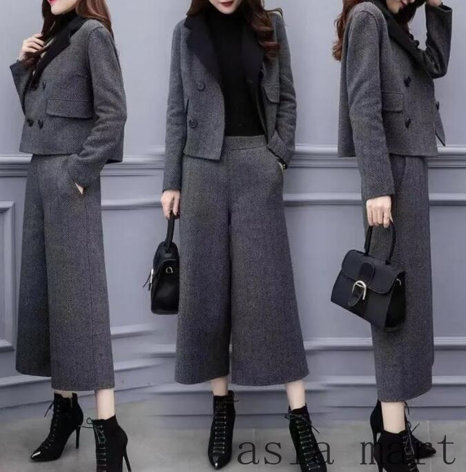 セットアップ パンツスーツ 上下セット 2点セット トップス ウール混 ガウチョパンツ ワイドパンツ スカーチョ ロング パンツ オフィス ビジネス 通勤 コー...