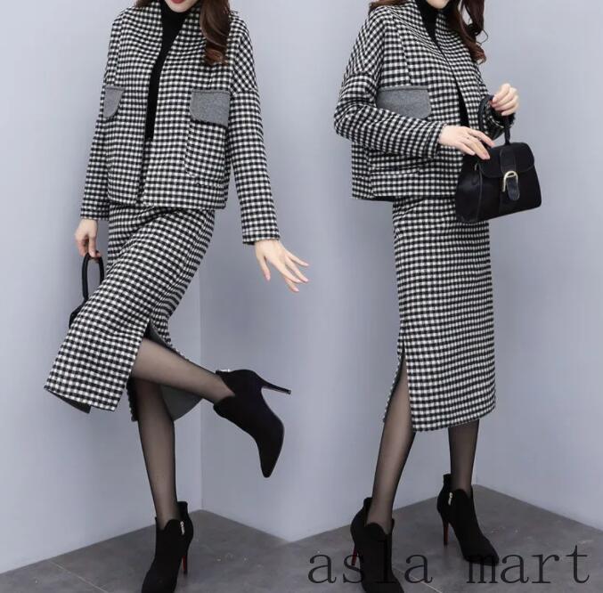 パンツスーツ セットアップ スカート 上下セット 2点セット 千鳥格 トップス ウール混 ドレス タイト ..