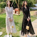 ワンピース レディース 40代 マキシワンピース vネック フレアスカート オシャレ結婚式ドレス お出かけ 大人 春夏秋 長袖ワンピース きれいめ 花柄シフォン