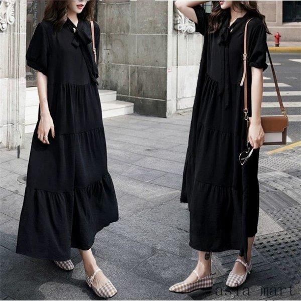 ロングワンピース ワンピース レディース 大きいサイズ ゆったり 着痩せ ギャザー コーデ フレア 夏 半..