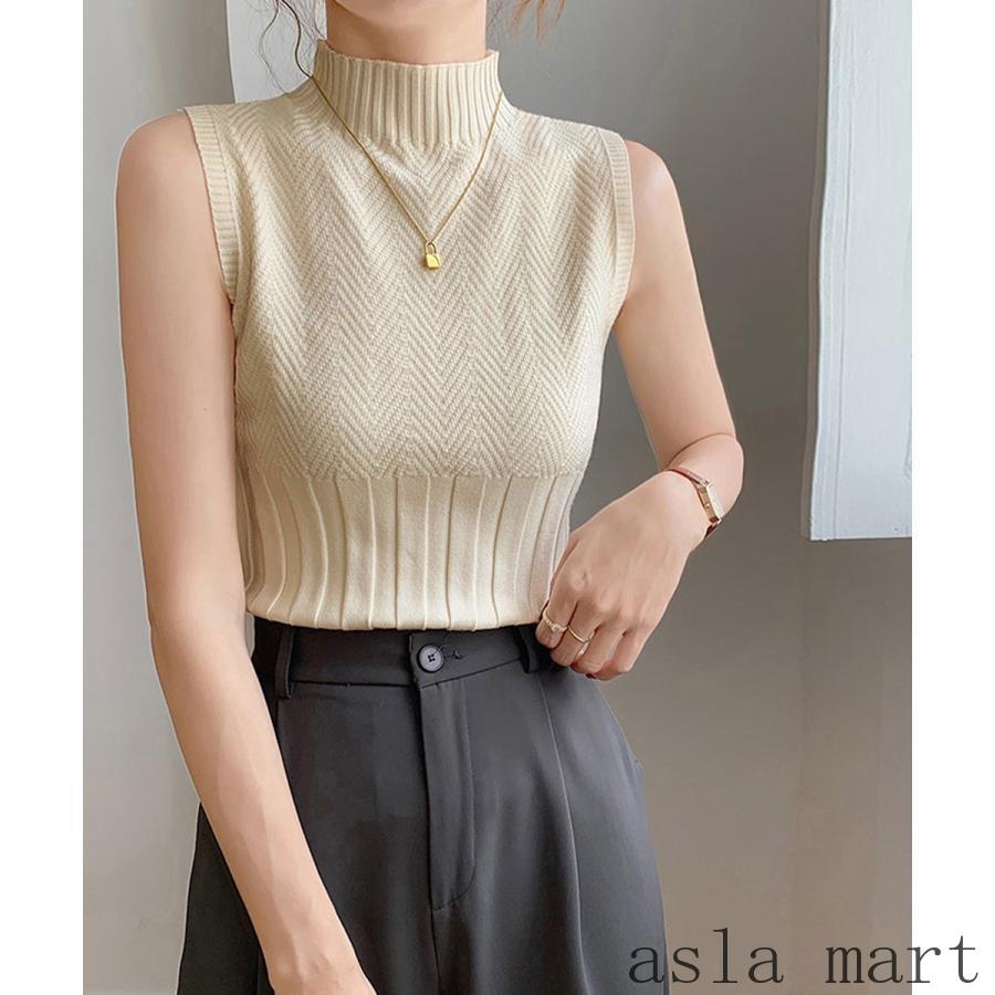 レディース ノースリーブニットトップス ハイネック 春夏 おしゃれ 薄手 涼しい コットン リブ編み きれいめ デイリー 楽天市場 ホワイト ブラック ベージュ グレー