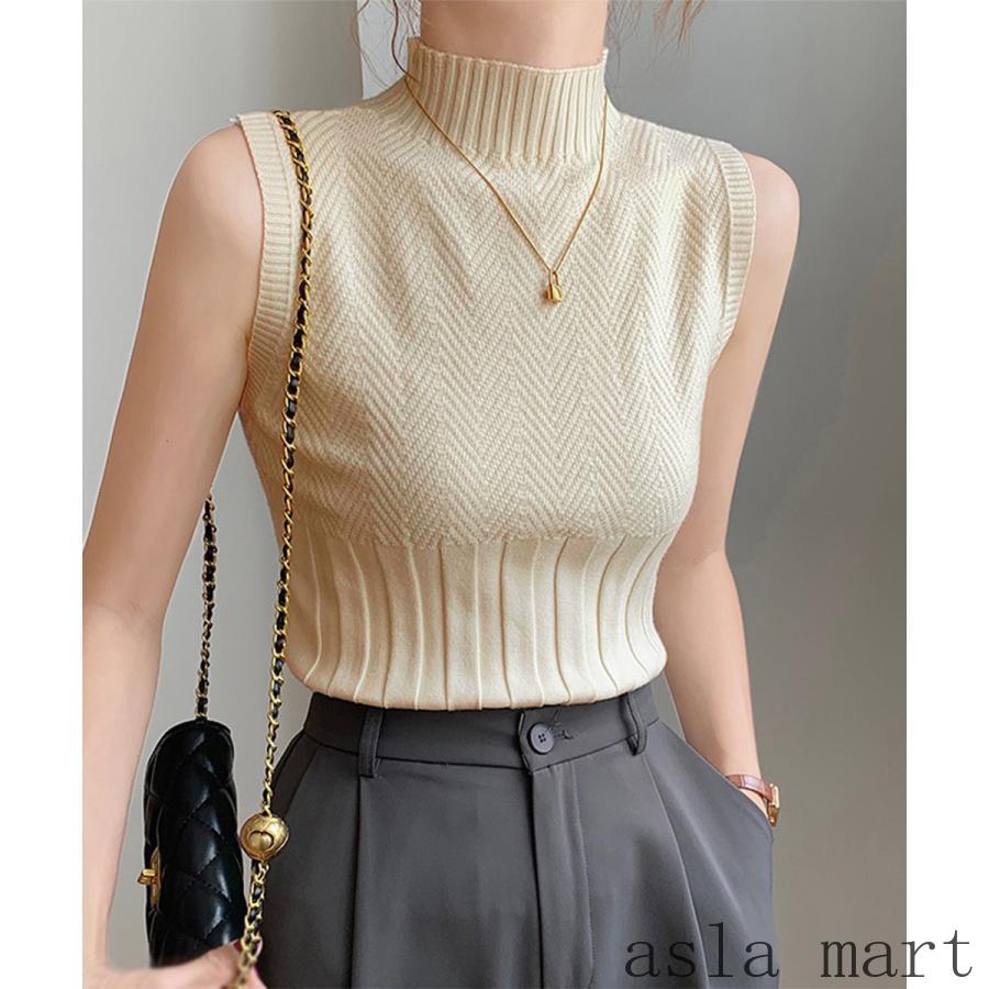 レディース ノースリーブニットトップス ハイネック 春夏 おしゃれ 薄手 涼しい コットン リブ編み きれいめ デイリー 楽天市場 ホワイト ブラック ベージュ グレー