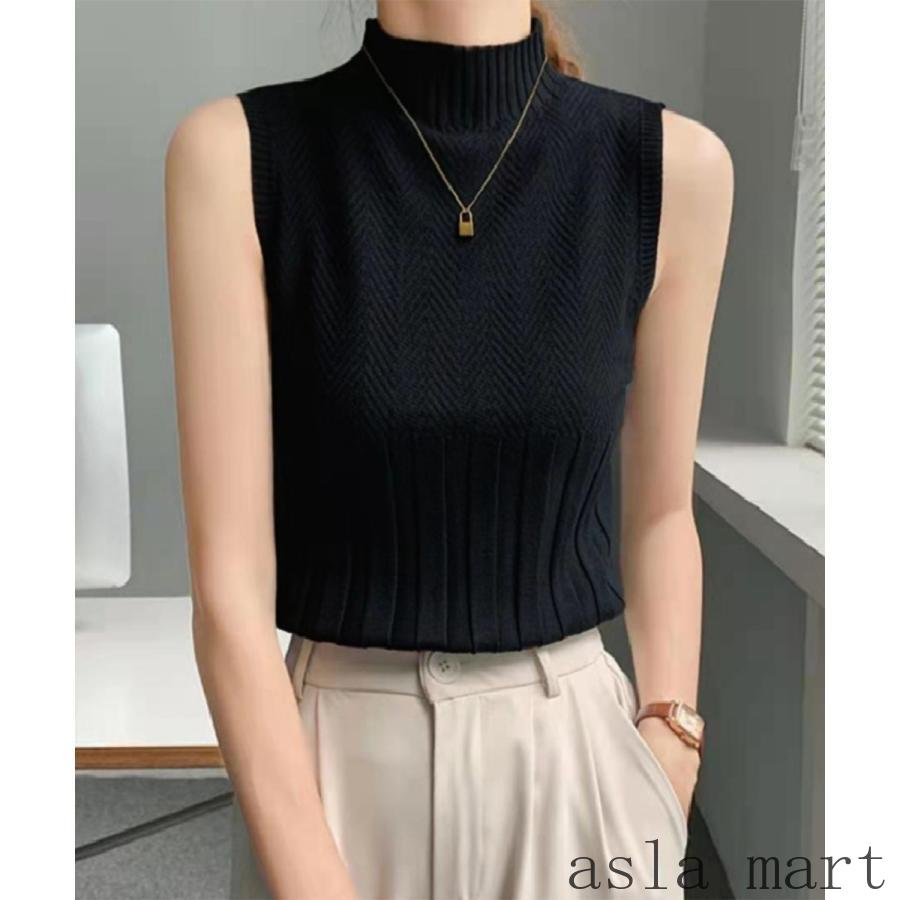 レディース ノースリーブニットトップス ハイネック 春夏 おしゃれ 薄手 涼しい コットン リブ編み きれいめ デイリー 楽天市場 ホワイト ブラック ベージュ グレー