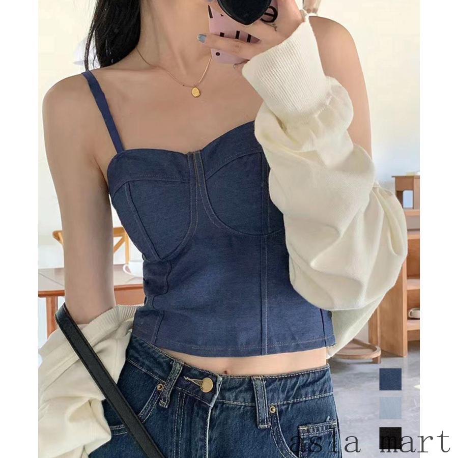 デニム風 キャミ ビスチェ バックレース レディース 春 夏 秋 薄手 透け感 シースルー 着痩せ ボディラ..