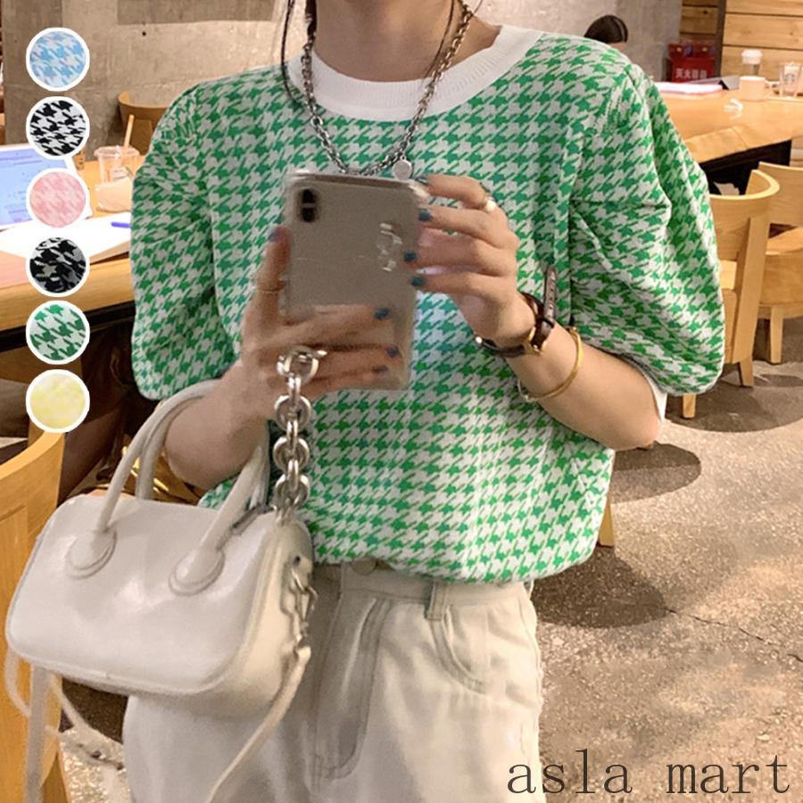 チドリ柄サマーニット レディース夏服半袖 薄手 通気性良い 柔らかい 肌触り滑らか 伸縮性良い 着痩せ カジュアル デート チドリ柄可愛い 多色 サイズ豊富 耐洗濯 新品 人気 おすすめ 着心地良い 単着可 重ね着可 形崩れしにくい