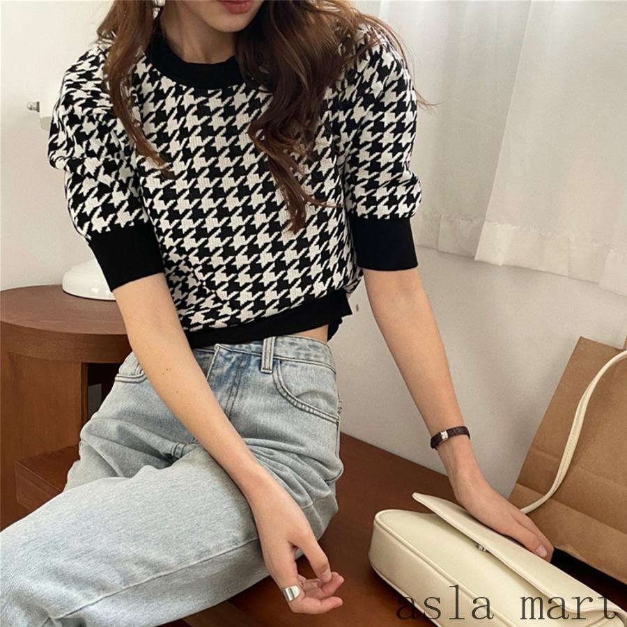 チドリ柄サマーニット レディース夏服半袖 薄手 通気性良い 柔らかい 肌触り滑らか 伸縮性良い 着痩せ カジュアル デート チドリ柄可愛い 多色 サイズ豊富 耐洗濯 新品 人気 おすすめ 着心地良い 単着可 重ね着可 形崩れしにくい