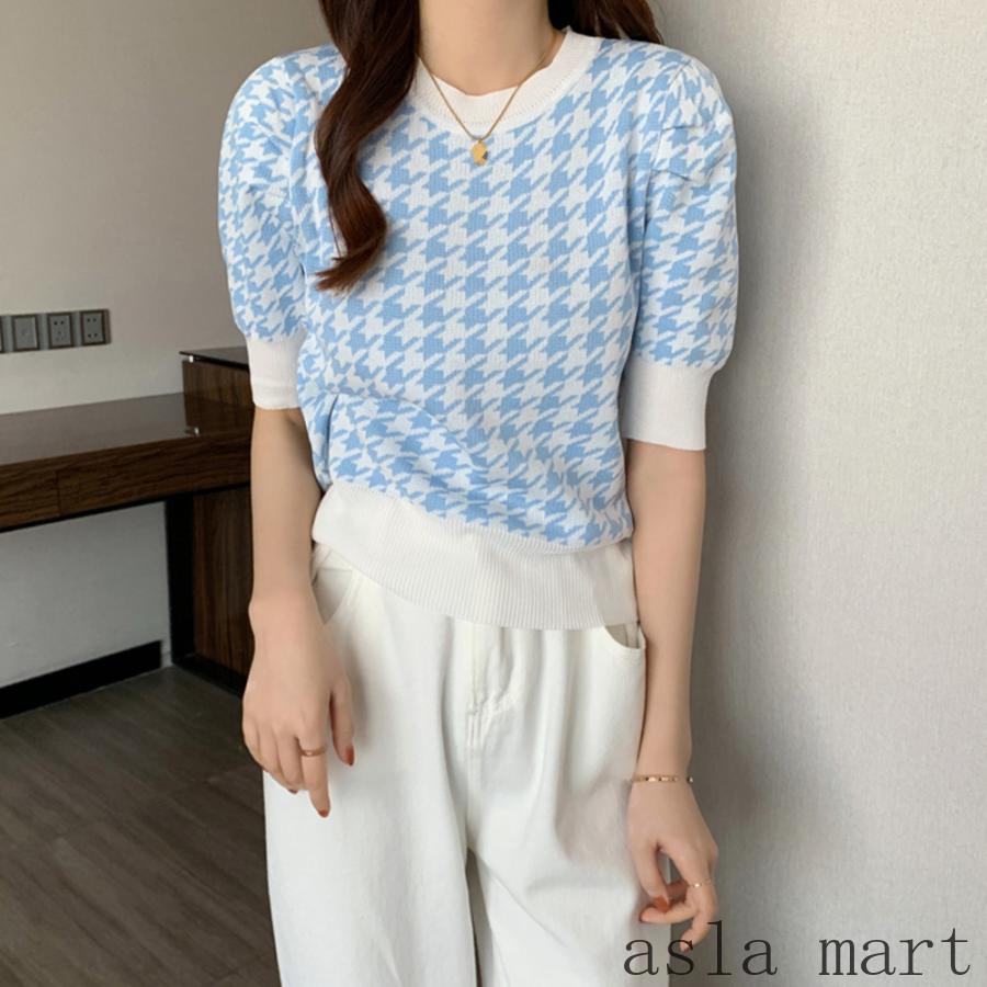 チドリ柄サマーニット レディース夏服半袖 薄手 通気性良い 柔らかい 肌触り滑らか 伸縮性良い 着痩せ カジュアル デート チドリ柄可愛い 多色 サイズ豊富 耐洗濯 新品 人気 おすすめ 着心地良い 単着可 重ね着可 形崩れしにくい