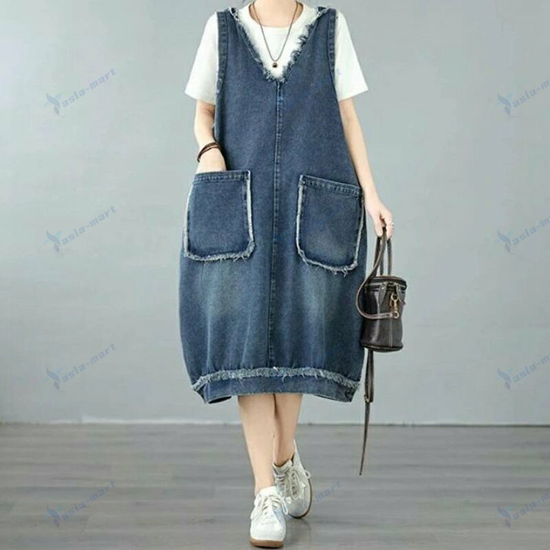 デニムワンピース ジャンパースカート フォード付き デニム サロペットスカート レディース 春夏 Vネック ボリューム感 ノースリーブ 大きいサイズ ロングワンピース ゆったり ポケット付き 重ね着 レイヤード 柔らかいデニム ジャンスカ 体型カバー カジュアル