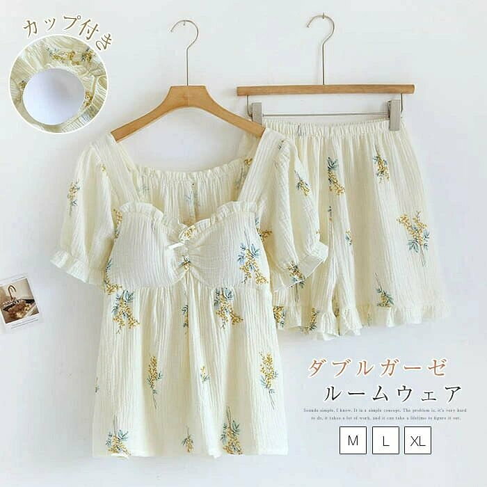 パジャマ ルームウェア カップ付き レディース 夏 半袖 綿％ ダブルガーゼ 2点セット ハーフパンツ ショートパンツ ショーパン 花柄 上下セット セットアップ 部屋着 寝巻き 下着 セクシー 可愛い 快適 人気 ウエストゴム 大人 プレゼント 20代 30代 40代 50代