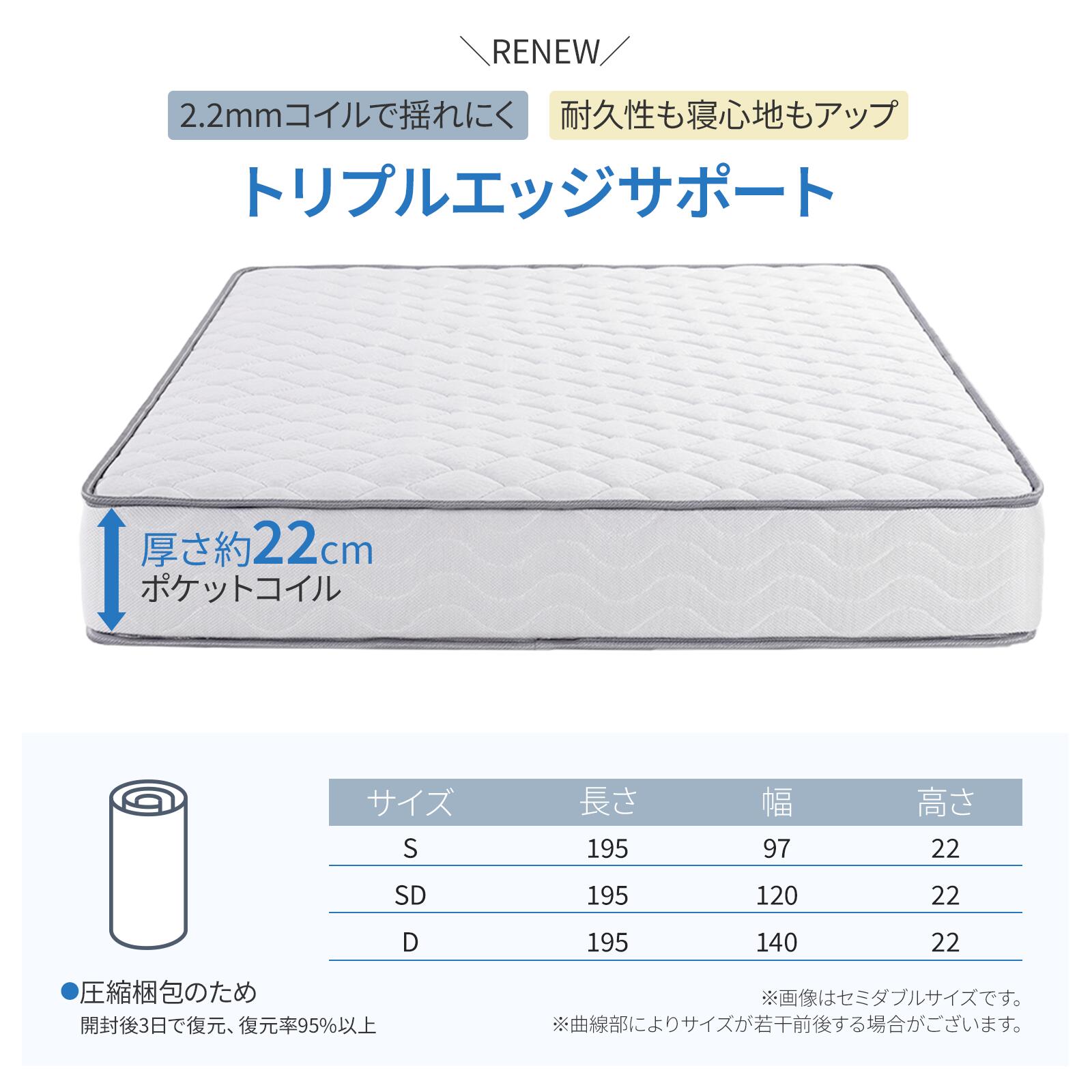 ポケットコイルマットレス 厚さ22cm 高反発ウレタン トリプルエッジサポート 2.2mm...