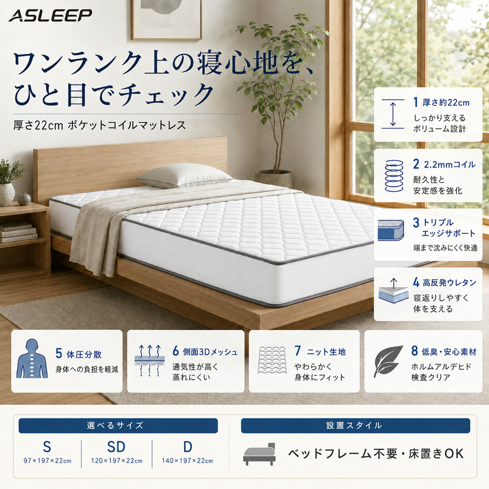 ポケットコイルマットレス 厚さ22cm 高反発ウレタン トリプルエッジサポート 2.2mm...