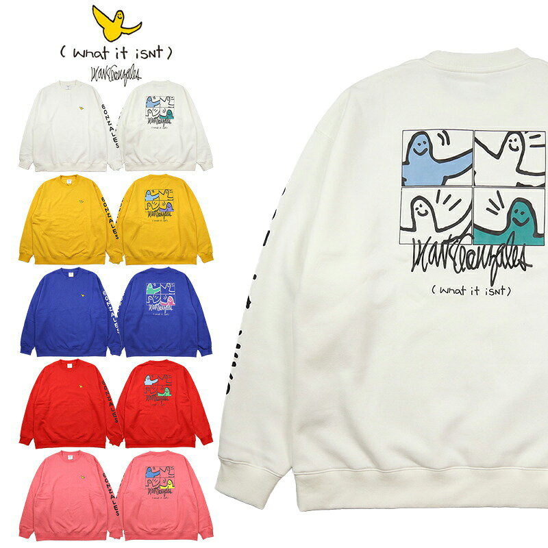 マークゴンザレス トレーナー (What it isNt)MARK GONZALES スウェット レディース 女性 メンズ クルーネック ストリート ブランド 男性 秋 冬 mark23aw013 ホワイト イエロー ブルー レッド ピンク M L XL