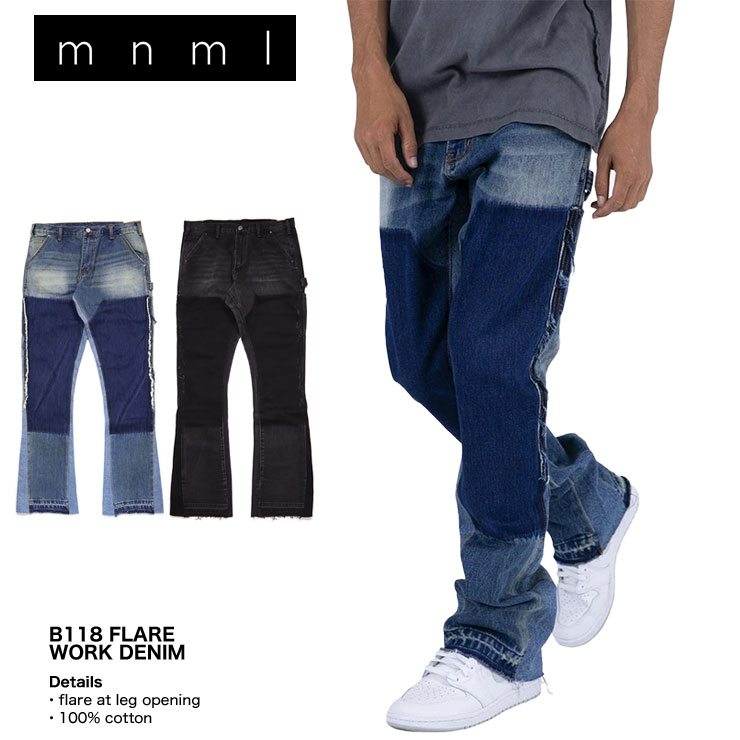 Skinney Pants - ミニマル mnml フレアパンツ デニムパンツ メンズ ストリート ブランド オーバーサイズ おしゃれ B118 FLARE WORK DENIM mnml094 ブルー ブラック 28inch 29inch 30inch 32inch 34inch 36inch 38inch