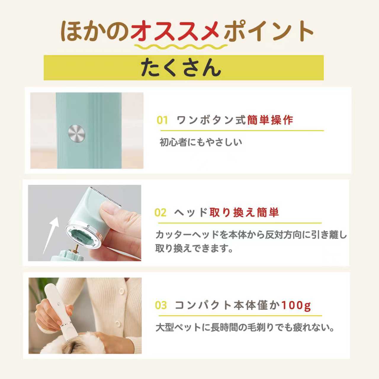 アソラの4in1 ペットバリカン 犬猫対応 充電式コードレス 静音 低振動 軽量 丸洗いOK セラミック刃 替刃付き USB充電 初心者向け おうちトリミング ラガマフィン猫 グルーミングセット 全身ケア｜アングル3