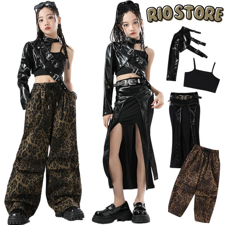 樂天商城 - 女の子 ジャズダンス衣装 ダンス衣装 へそ出し セットアップ キッズ スカート ロ PUレザー トップス ベルト付き キャミソール 黒