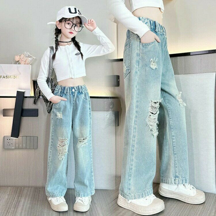樂天商城 - 女の子 ダメージデニムパンツ キッズジーンズ ストレートフィット 110cm 120cm 130cm 140cm 150cm サイズ展開豊富 長ズボン 子ども服 おしゃれ 季節問 伸縮性良い 耐磨れ