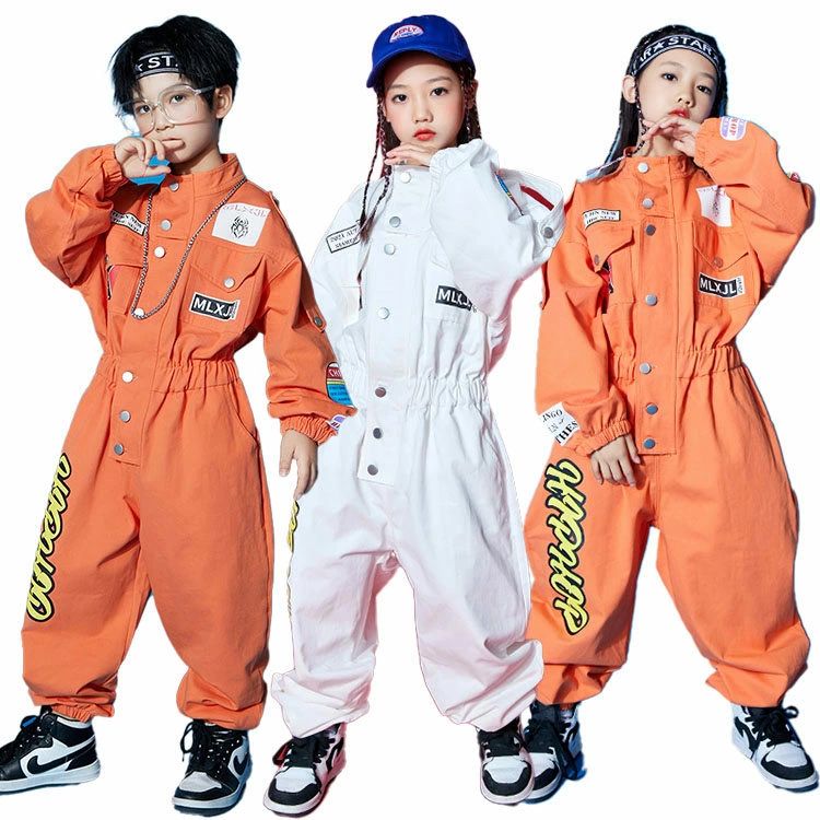 Stylish Kids Girls All-in-One Hip Hop Breaking Korean White Boys Work Pants 110-180cm Dance Costume Work Clothes Plus Sizes Orange Cool Jazz K-Pop Performance Outfit Jumpsuit Stage