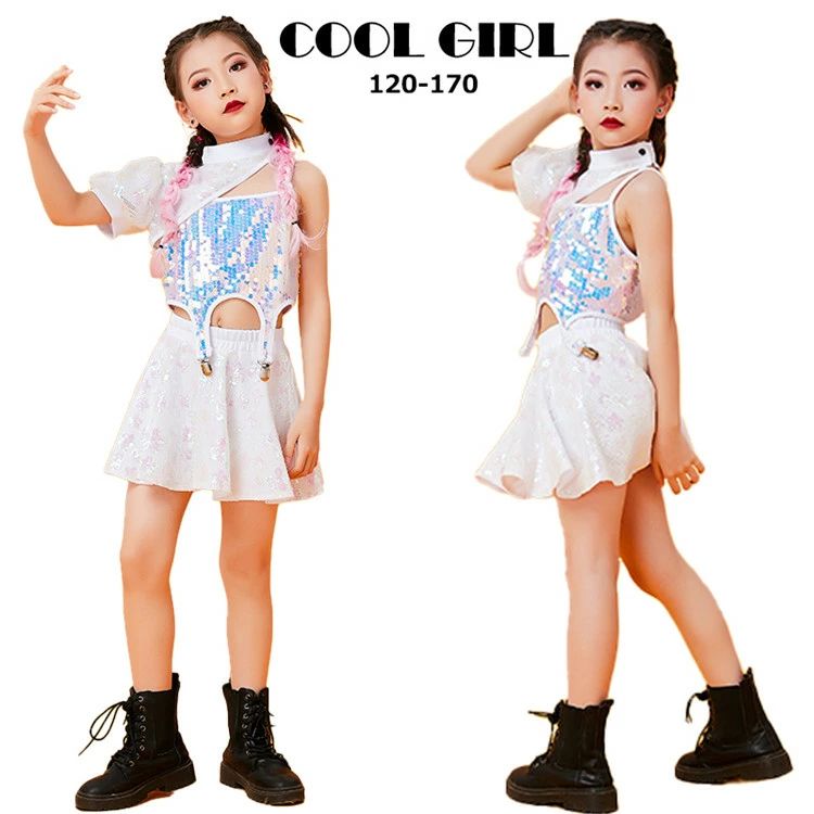 キラキラ ステージ 上下 ヘソ出し ダンス スパンコール スカートセット 女の子 ヒップホップ ダンスウェア キッズ ジ…