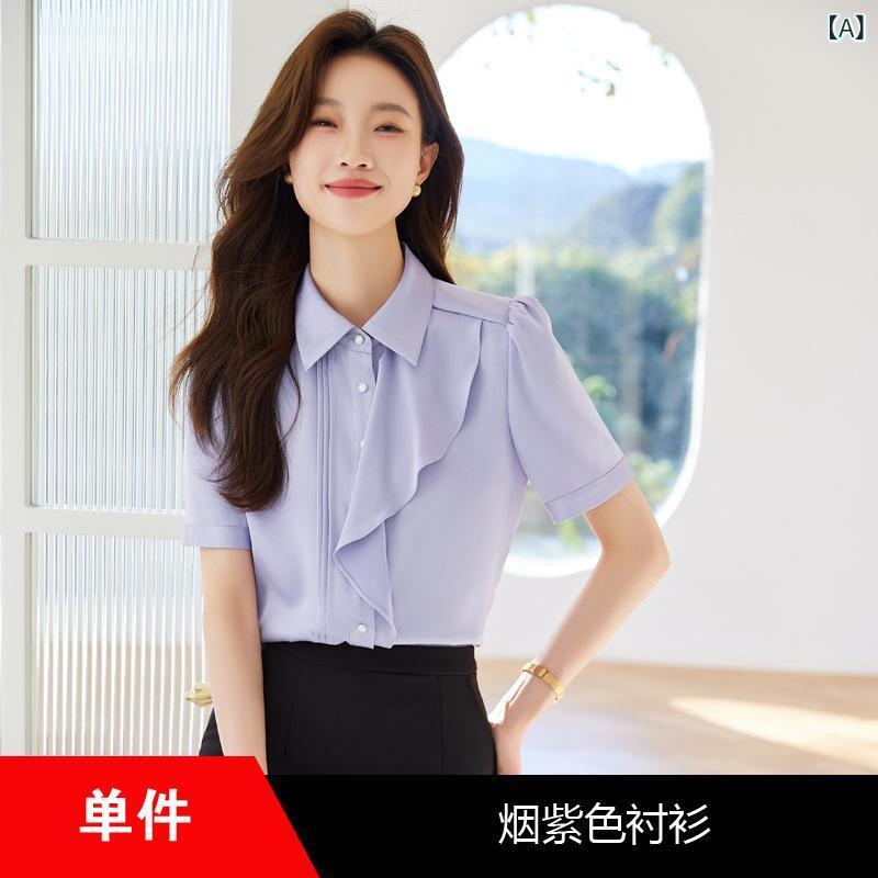 アソラのパープル ブラウス シャツ ボタン 個性的 女性用 シャツ襟 イージーケア 夏 エレガント シフォン 高級感 半袖 3D効果 デザイン 薄手 オフィス レディース 通勤｜アングル2