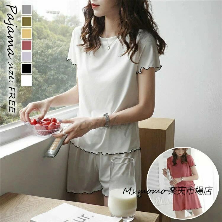 Rakuten - 涼感パジャマレディース半袖トップスショット丈パンツズセットアップ冷感ルームウェア夏用パジャマ無地フリルルームウェアウエストゴム可愛いセットアップパジャマ女性部屋着オシャレ韓国風シンプルナイトウエア送料無料