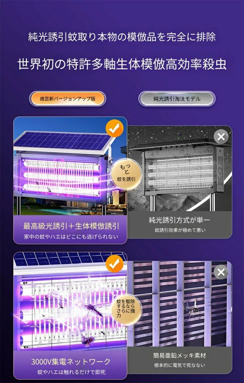 【2026新登場】3000V聚能?网で蚊を即100％撃退！太陽能＋充電ダブルシステム搭載の...