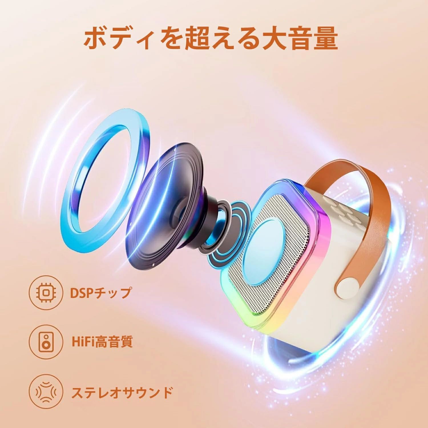 アソラのデュエット 歌 一人カラオケ ミニ 無線マイク 2本付き Bluetooth 家庭用 スピーカー karaoke マイクスピーカー LEDスピーカー マイク マイク ワイヤレス カラオケ 練習 自宅 カラオケセット 家庭カラオケ Android/iPhoneに対応｜アングル2