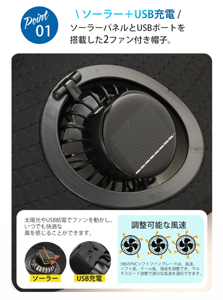 アソラのサファリハット ファン付き帽子 帽子 ファン付きハット uvカット メンズ 扇風機付き帽子 日よけ帽子 扇風機付き｜アングル3