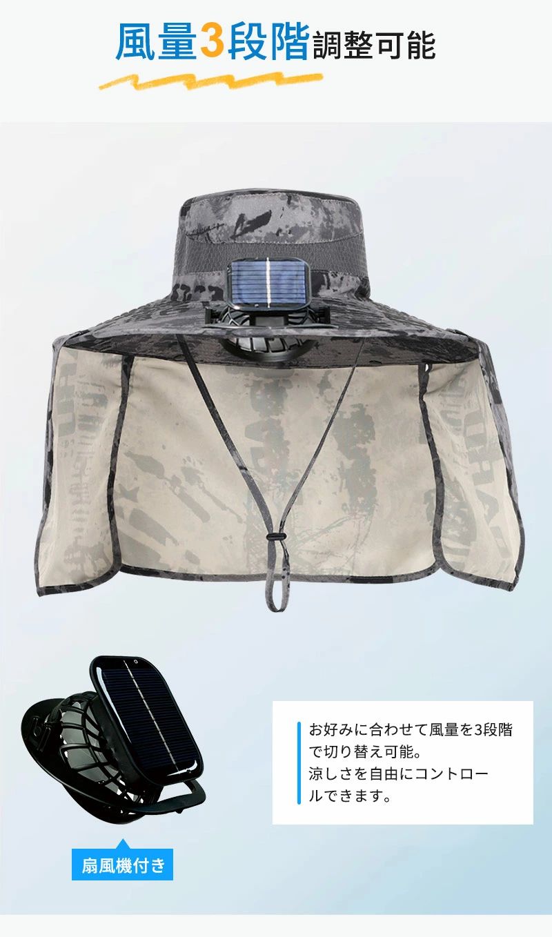 夏用 軽量 日よけ帽子 ファン付きハット ソーラー充電 暑さ対策 扇風機付き 日除け...
