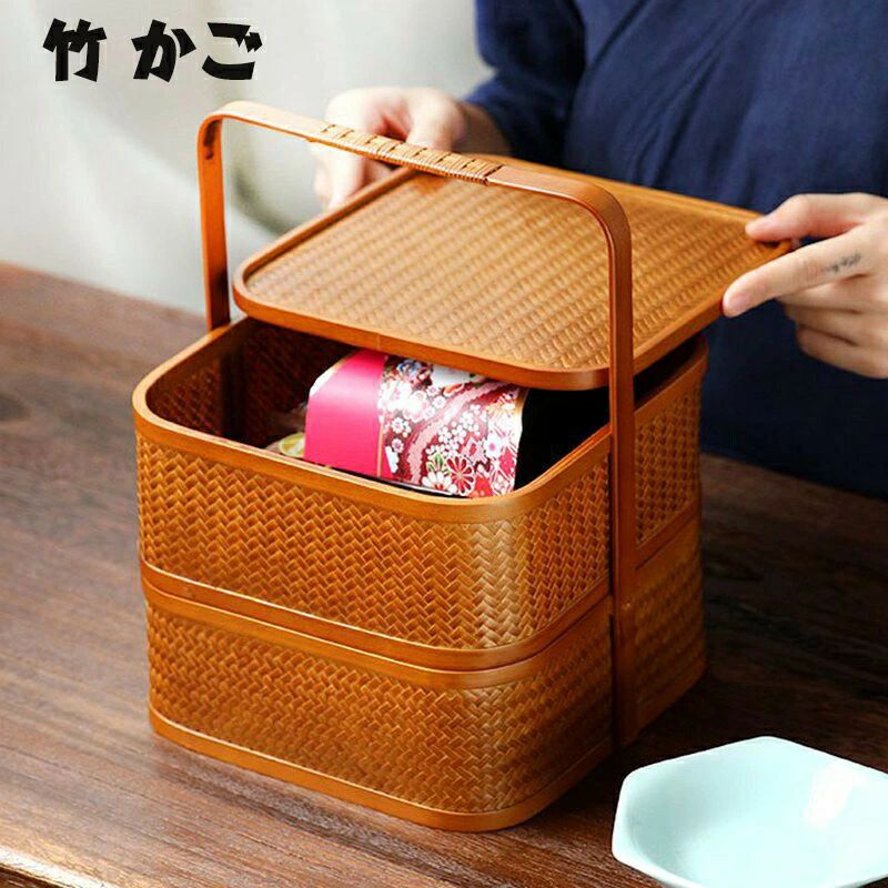 お正月 バスケット手提げ 茶道具 ピクニックランチボックス おせち 花火大会 花見 竹 竹かご 竹細工 四角 花見 迎春 ハンドル付き 二段 かご 重箱 インテリア 和風収納 竹籠 小物収納 手作り 行楽弁当箱 アウトドア