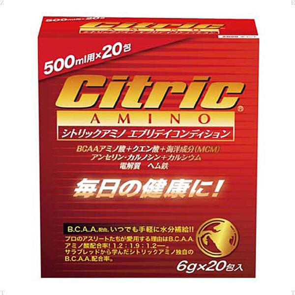 2000 大好評「石川遼プロ」が選んだ水分補給「エブリデイコンディション」が、価格はそのままで、ヴァージョンアップ！ 新成分として、熱い日の対策に電解質をプラス、さらに「ヘム鉄」「カルシウム」など中高生からアスリートまで必要な栄養成分を充実。 話題の「アンセリン・カルノシン」を配合。 ●内容量:6g×20包 ●栄養成分/1包6gあたりの栄養成分、エネルギー:21kcal、たんぱく質:0.6g、脂質:0g、炭水化物:5g、ナトリウム:125mg ●成分:BCAAアミノ酸+クエン酸+海洋成分(MCM)、アンセリン・カルノシン+カルシウム、電解質、ヘム鉄 ●化学調味料(グルタミン酸ナトリウム)、酸化防止剤、防腐剤、合成保存料(安息香酸ナトリウム)、合成着色料などは一切使用しておりません。ご安心してお召し上がりください。 ●ご使用方法:本品1回1包を水などと一緒にそのままお召し上がりください。また、約500mlの水などに溶かして使用しても、美味しくいただけます。 ●すっきりフレッシュオンレジ味 こちらの商品は返品、交換はお受けしかねますのでご了承ください。