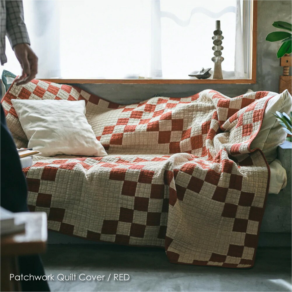 BASSHU Patchwork Quilt Cover / RED パッチワーク キルト カバー ブランケット レッド 赤 キルトラグ マルチカバー 長方形 洗える コットン 綿100% 厚手 大判 大きい 大きめ ソファ ベッド 天然素材 北欧 アウトドア キャンプ おしゃれ ネイティブ 91235