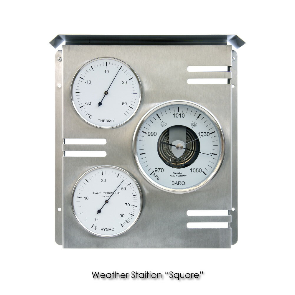 Weather Staition “Square” ウェザー ステーション "スクエア" サーモメーター Fischer フィッシャー 気圧計 温度計 湿度計 気象計 気象観測 天気予報マシン 温湿度計 室内 屋外 気温 室温 銀色 おしゃれ 壁掛け インテリア 雑貨 小型 アナログ デザイン ドイツ